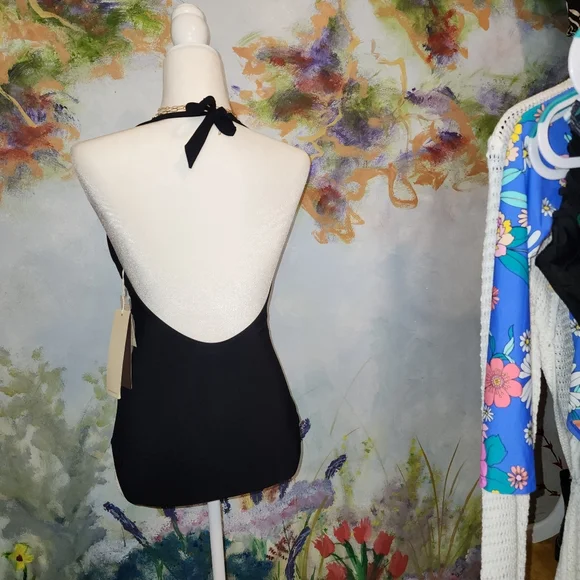 Gottex One Piece Halter with Velvet and Pleated Panel Detail - Picture 4 of 5